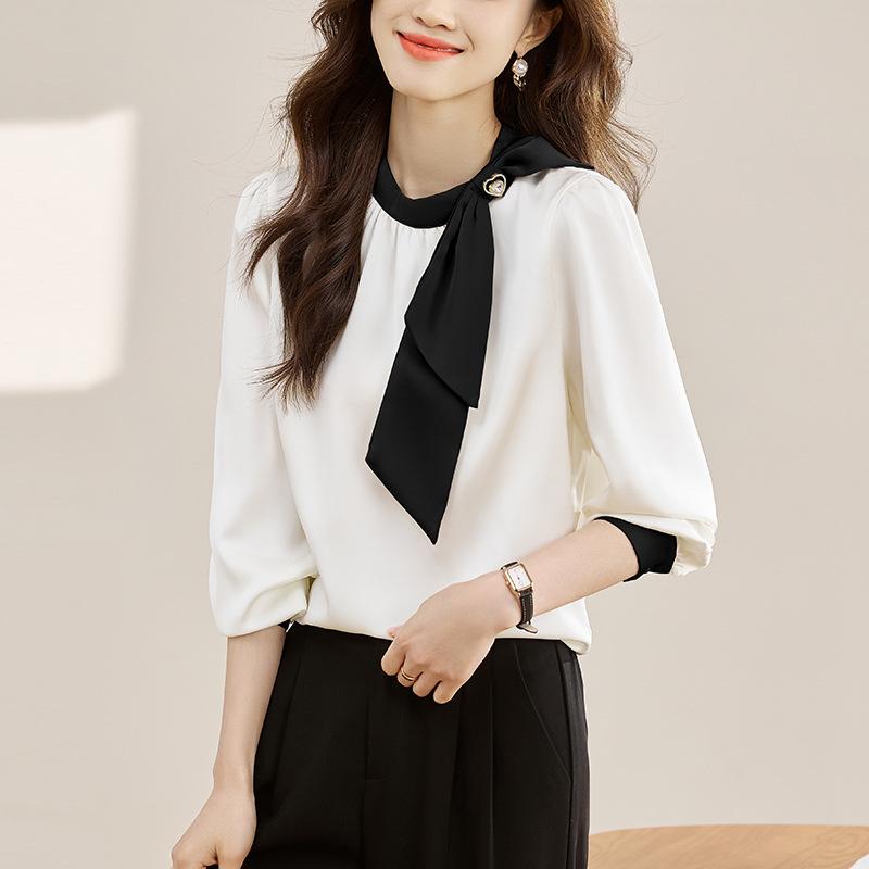 Gentle Collar Bow Tie Shirt for Women, 2026 Spring and Autumn New Style, Color Block Ribbon Design Satin Top