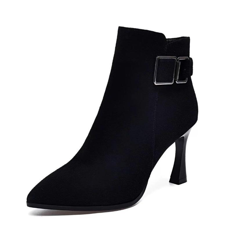 Fashion Fall New Pointed Toe Side Zipper Metal Belt Buckle Anti-Slip Wear-Resistant Stiletto Heel Short