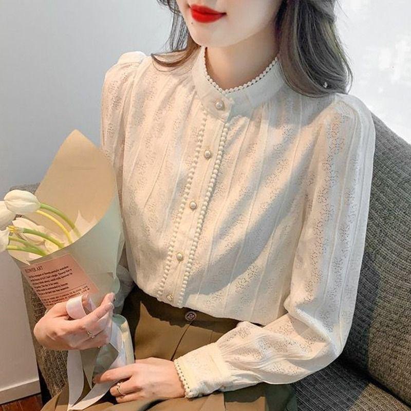 

Женская базовая рубашка с длинным рукавом и кружевом - на флисовой подкладке, модный полувысокий воротник для осени, зимы и весны 2025 года. M recommended for 99-108 jin