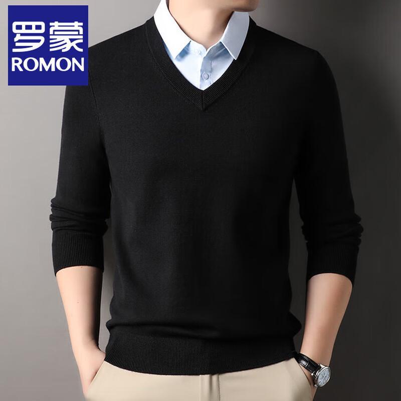 ROMON S Men's Faux Two-Piece Shirt Collar Knit Sweater