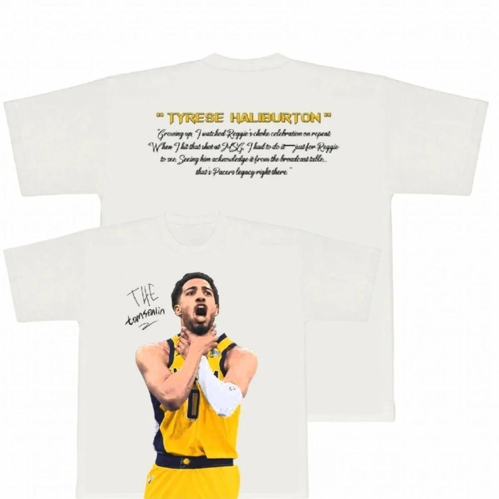 

Tyrese Haliburton Indiana Pacers The Tomlin Celebration Double-Sided Oversized T-Shirt, NBA Star Reggie Miller Tribute Graphic Tee, Unisex Casual L бежевий