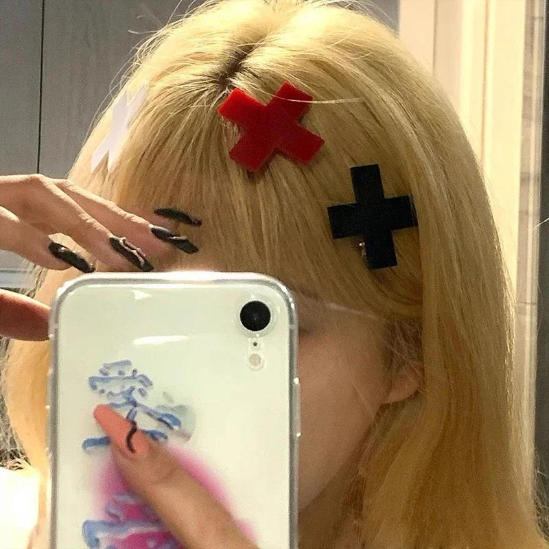 1/6pcs Y2K Red Cross Hair Clips for Women Girls Trendy Hair Accessories Hiphop Punk Barrettes Hair Pins Hairwear for Cool Girls