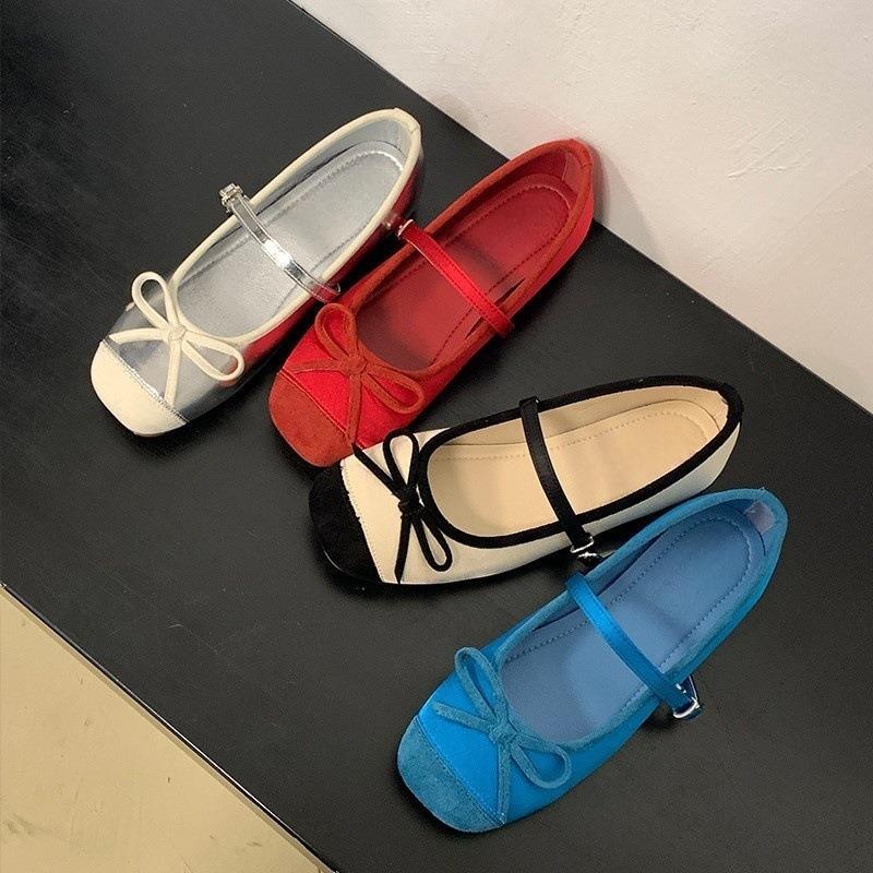 Bow splicing single shoes women's new one-button ballet flats