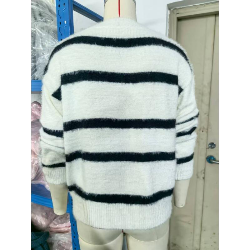 Vintage Gestreifter Farbkontrast Pullover Damen Übergröße Gestreift Locker Lässiger Stil V-Ausschnitt Pullover Strickpullover