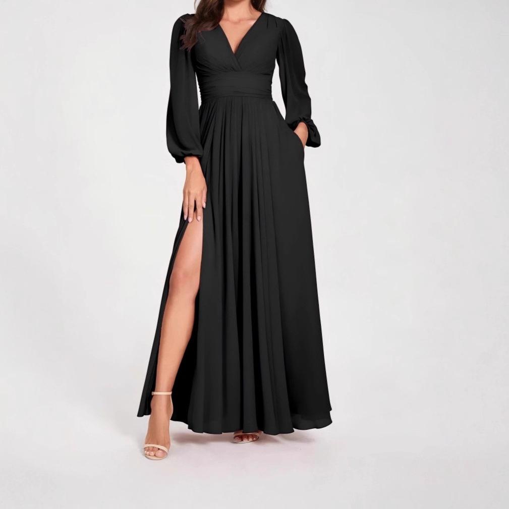 

Elegant Solid Color V-Neck Slit Long Sleeve Pleated Women s Dress - Autumn/Winter 2026 M чёрный