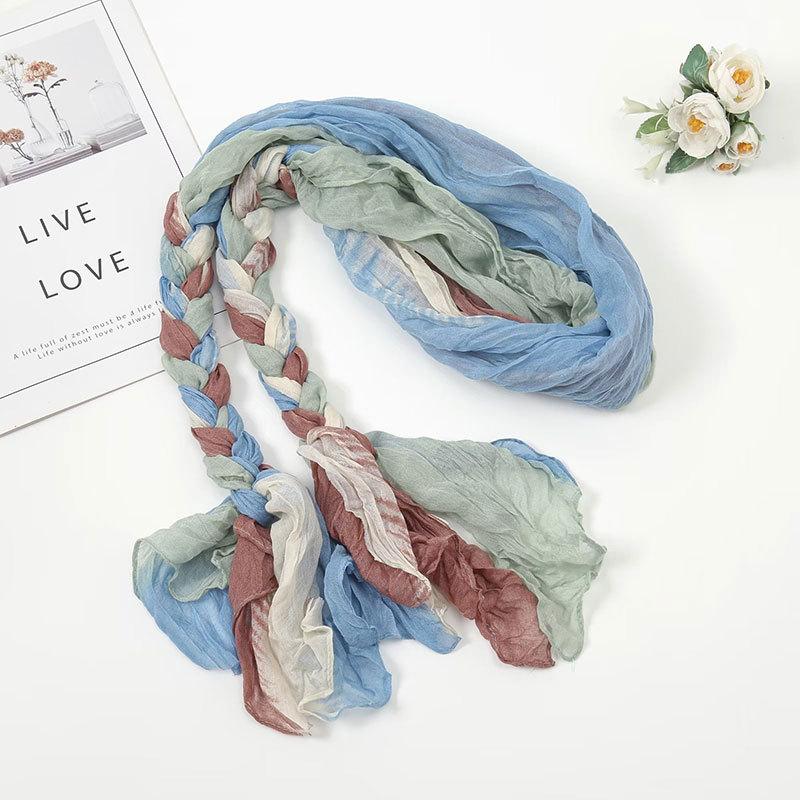 Women's Pliced Wrinkled Braided Scarf Versatile Sunshade and Sunscreen Scarf Travel Photography Scarf