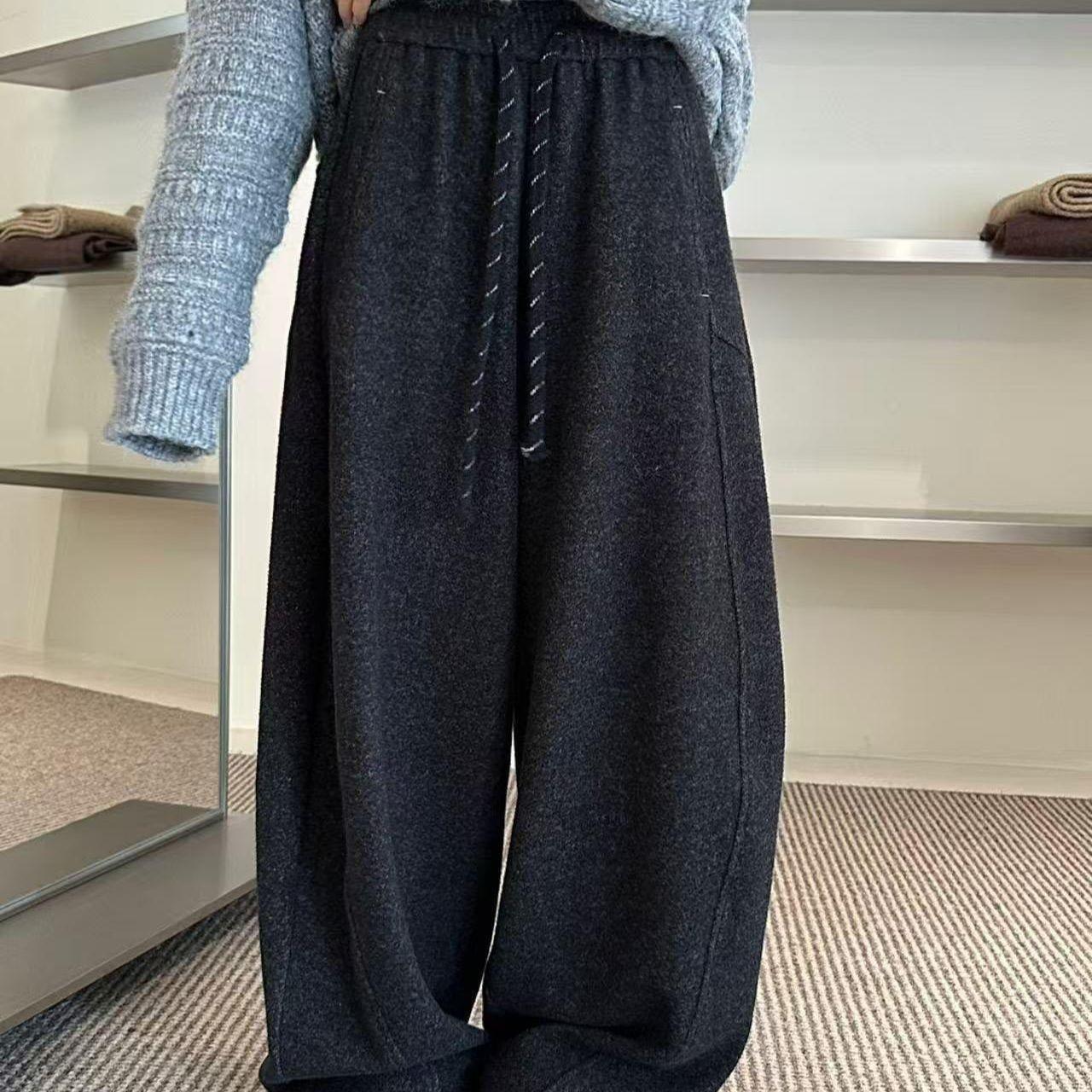 

Charcoal Gray European-Style Autumn Wool-Blend Curved Wide-Leg Pants: Tapered, Fleece-Lined, Drawstring, Elastic Waistband, High Waist, Slimming. XL (Recommended 135-150 lbs) серый/древесный уголь