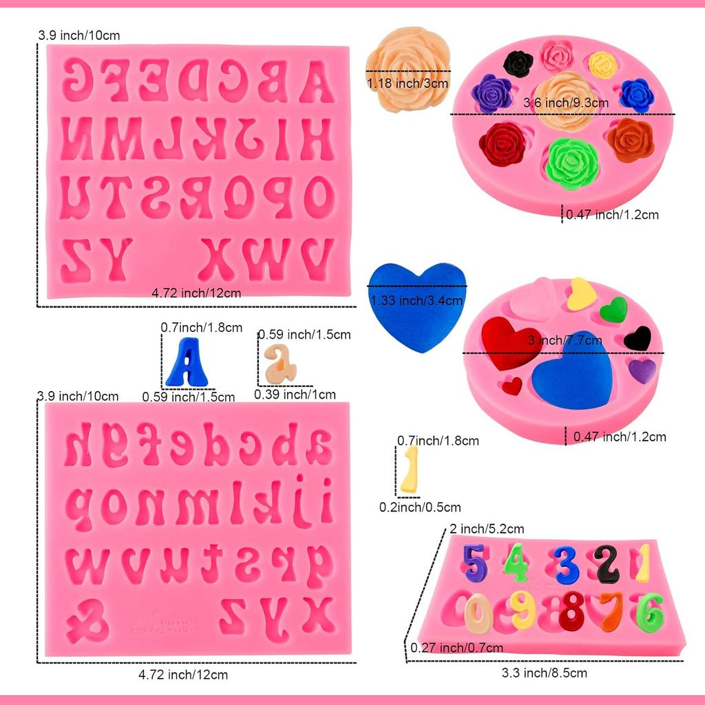 5-Piece Silicone Letter Number Mold Set, Heart Flower Chocolate Candy Clay Mold for Fudge Cake Decor