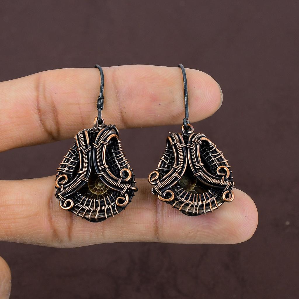 Ammonite Handmade Copper Wire Wrap Gift Jewelry Earring 1.85 N9T26