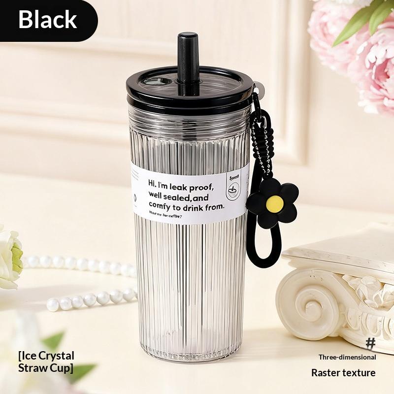 700Ml Large Capacity Summer Plastic Straw Cup Leak Proof With Flower Pendant Lid Rope Transparent