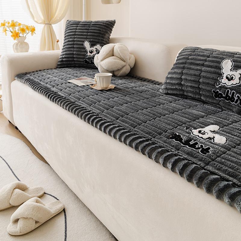 Simple Flannel Rabbit Sofa Cushion Winter Solid Plaid Non-Slip Sofa Cover for Living Room Comfort Thickened Warm Recliner Cover