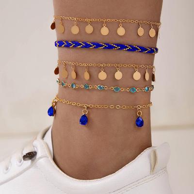 5PCS Casual Simple Alloy Disc Colored Rhinestone Inlay Pendant Anklet Set Jewelry for Women Girls New Minority Beach Weaving Rope Bangle