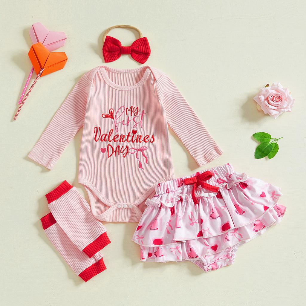 Baby Mädchen Valentinstags-Outfit Buchstabenstickerei Langarm-Strampler mit Herz-Print-Rock und Schleifen-Stirnband Stulpen