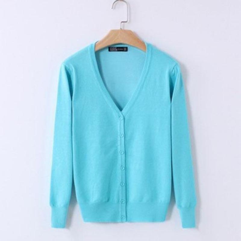 

Европейский и американский осенний женский тонкий свитер, женский вязаный свитер, кардиган, шаль, короткое пальто с длинным рукавом и v-образным вырезом M небесно-голубой