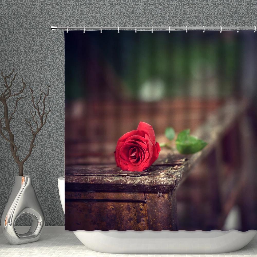 Rose Shower Curtain Set Romantic Valentine's Day Flower Waterproof Polyester Cloth Curtains Bathroom Home Decor With Hooks