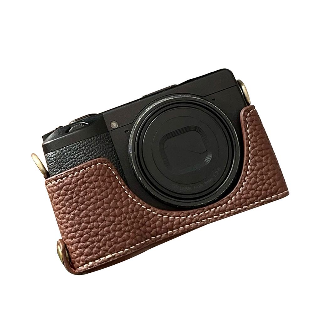 Vintage PU Leather Camera Bag Half Body Protective Cover with Strap for GR IIIx GR III GRIII GR3 Enhanced Grip Soft Lining 1Celsius4 Inch Thread Hole
