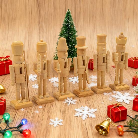 6 Stück Unbemalte Nussknacker Rohlinge 12,5CM Holz DIY Bastelset zum Bemalen Weihnachtsbaumschmuck Bastelset Eltern-Kind Kunstprojekt Zubehör