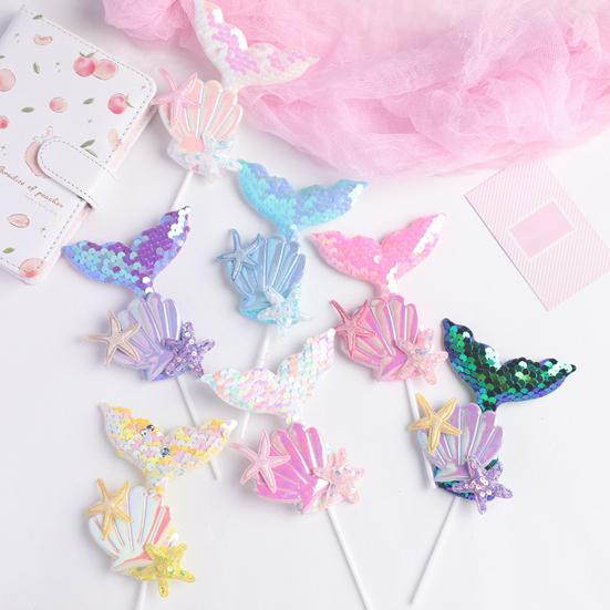 Cake Topper Colorful Sequin Shell Beautiful Handmade Baking Decoration DIY Mermaid Tail Cupcake Topper Birthday Party Dessert Insert for Wedding