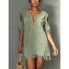 Women's V Neck Cold Shoulder Fringe Trim Solid Suede Loose Short Casual Dress