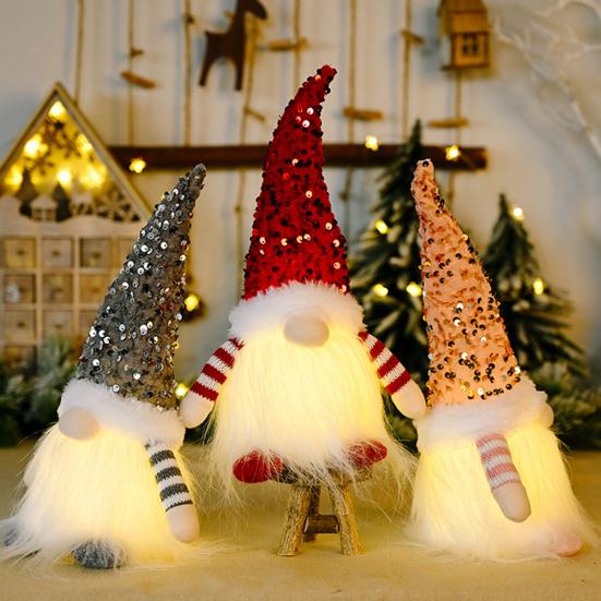 Light-Up Christmas Gnome Decoration Handmade Sequin Hat Faceless Dwarf Doll with Light Glowing Plush Elf Ornament Holiday Party Gift