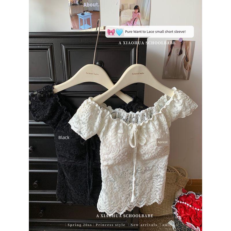 Kumikumi Pure Desire Style Solid Lace Stitching Sexy Short Sleeve T-shirt Women Summer Slim Fit Slimming Versatile Top