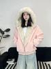 Winter Marble Base Mountain Hooded PU Leather Jacket with Faux Mink Fur for Men & Women - Warm Cotton Couple Jacket