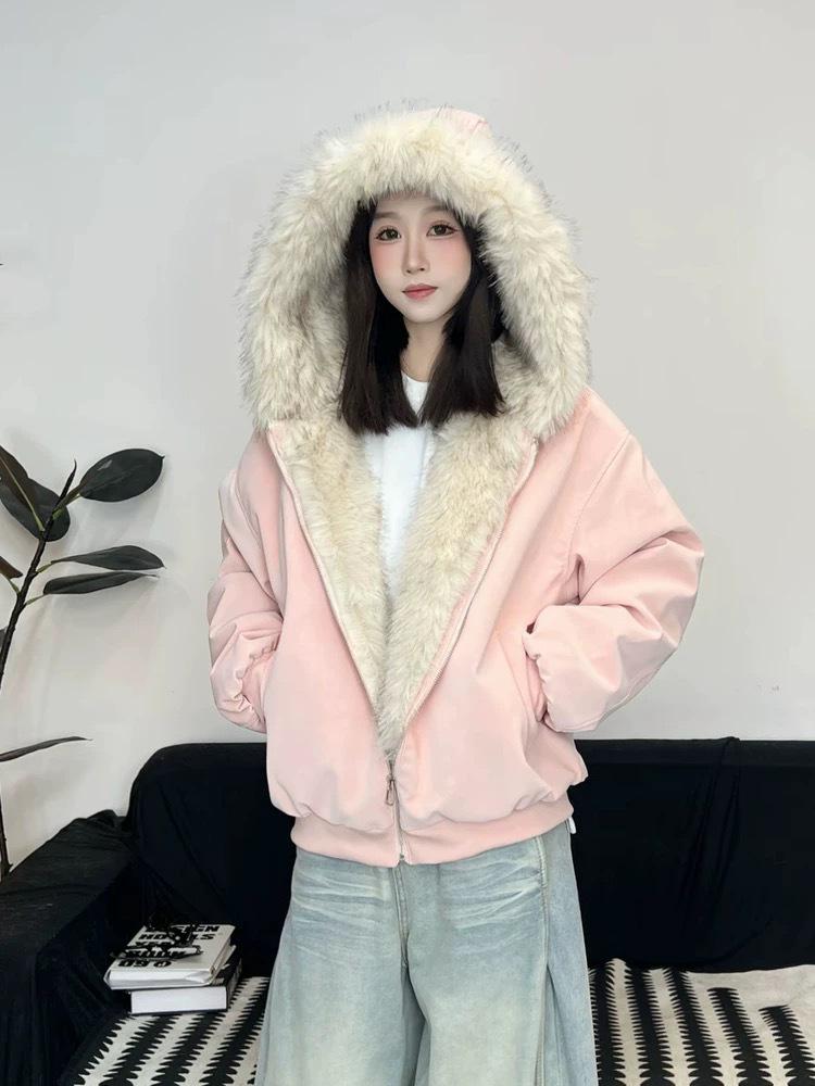 Winter Marble Base Mountain Hooded PU Leather Jacket with Faux Mink Fur for Men & Women - Warm Cotton Couple Jacket