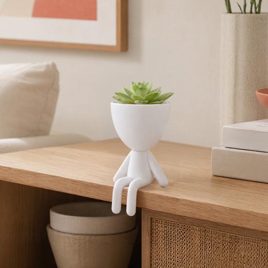 3D Printed Sitting Human Figure Succulents Planter, 2-in-1 Desktop Pot & Decor Ornament, Matte Finish One-Piece Craft, Compact Size for Small Green