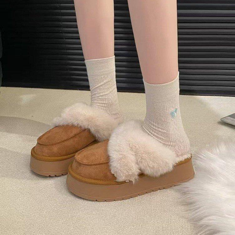 2025 new snow boots women's winter fur integrated wool mouth velvet thick bottom warm outer wear bag head half slippers