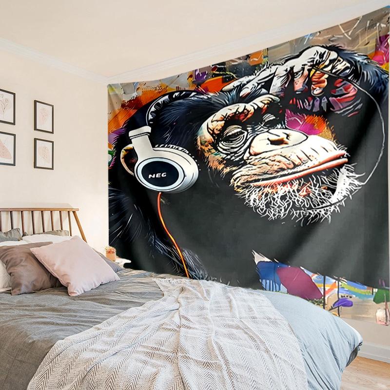 Monkey Music Headphones Tapestry, Unique Design Tapestry, Wall Decor for Bedroom,Livingroom, Playroom,Heartwarming Fan Holiday Gifts