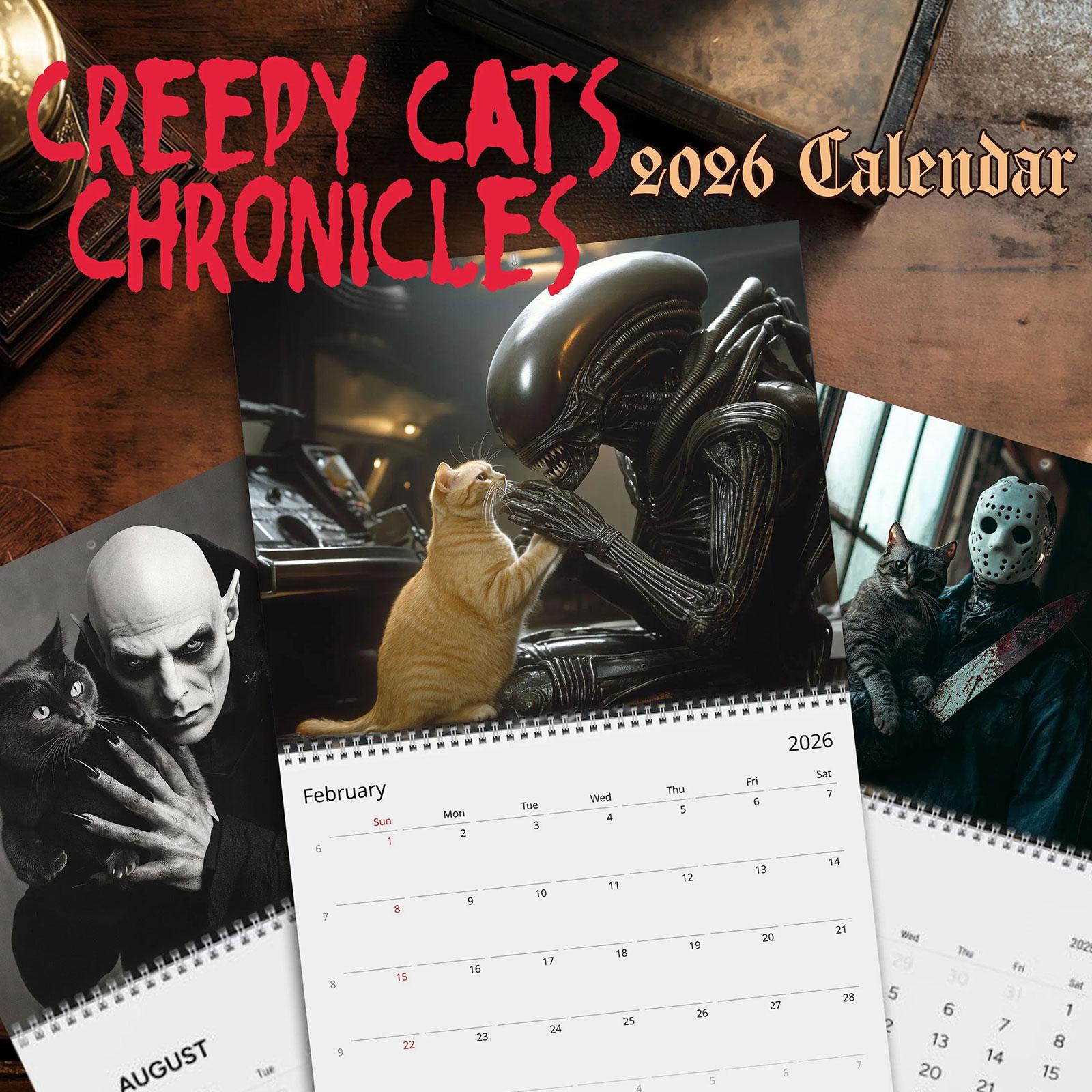 

Жуткие коты 2026 Настенный календарь Подарок для поклонников фильмов ужасов, Подарок для любителей страшных фильмов, Жуткий подарок для любителей кошек-ужасов One Size белый