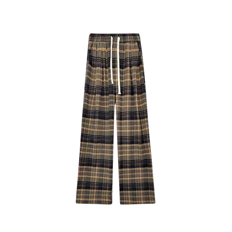 Retro style polished plaid pants women's spring and autumn new loose casual lazy wide-leg pants versatile floor pants