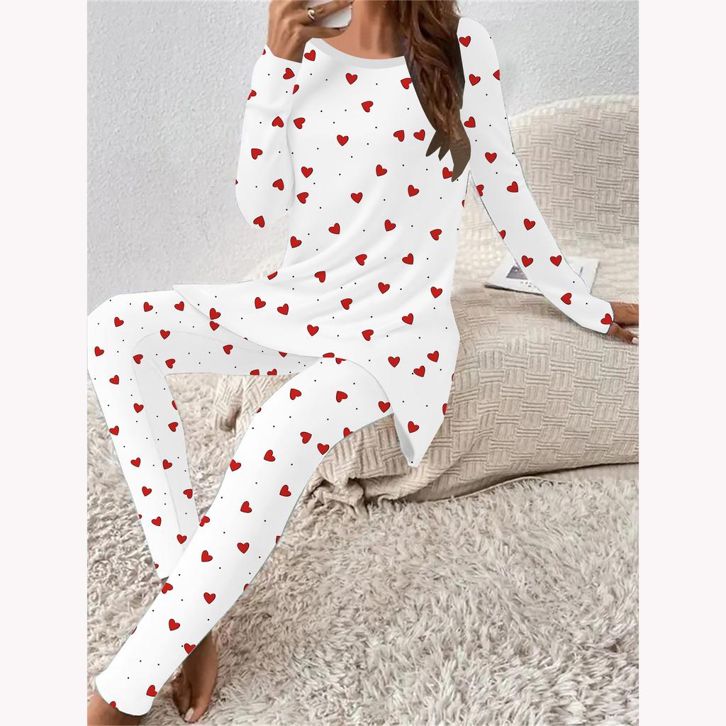 Euroamerikanische Mode 3D Herzsymbol Druck Damen Vier-Jahreszeiten Langarm T-Shirt + Lange Hose Zweiteiliges Set. Perfektes Geschenk zum Valentinstag