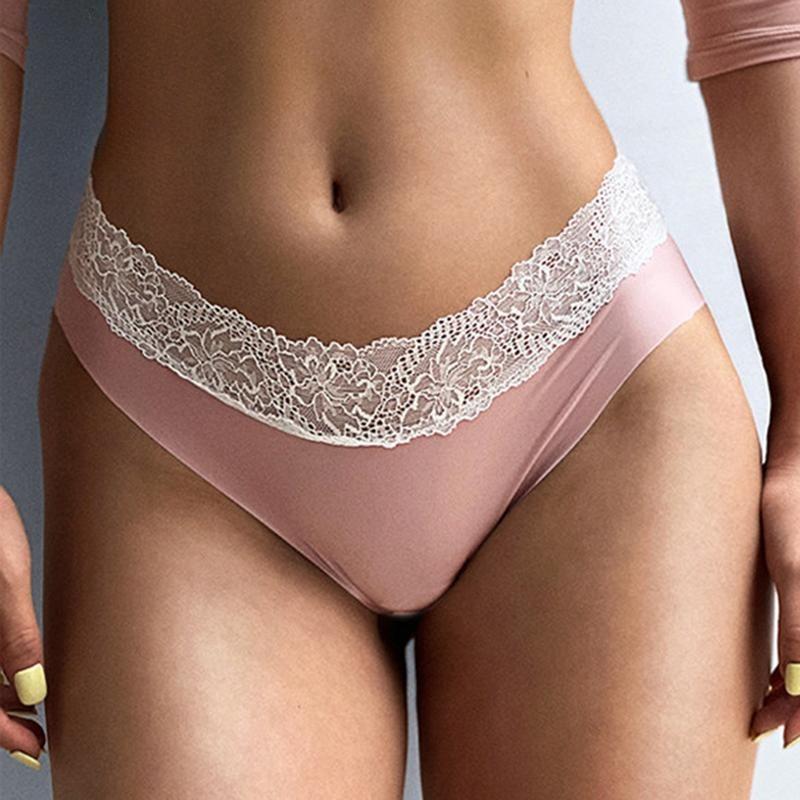 Sexy Seamless Women's Briefs Lace Trim Spliced Ice Silk Panties One-piece Low-rise Close-fitting Triangle Underwear
