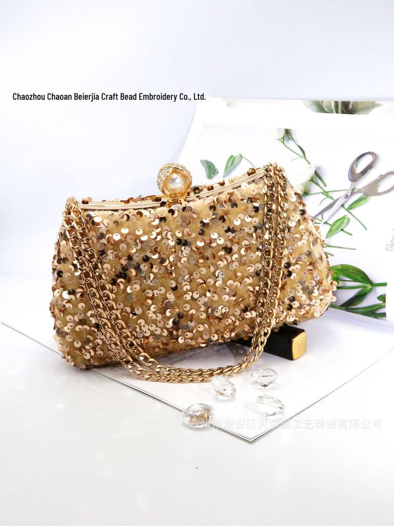 Pearl Sequin Crossbody Bag: Elegant European & American Style, Double Chain, Solid Color, Luxury Shoulder Evening Accessory