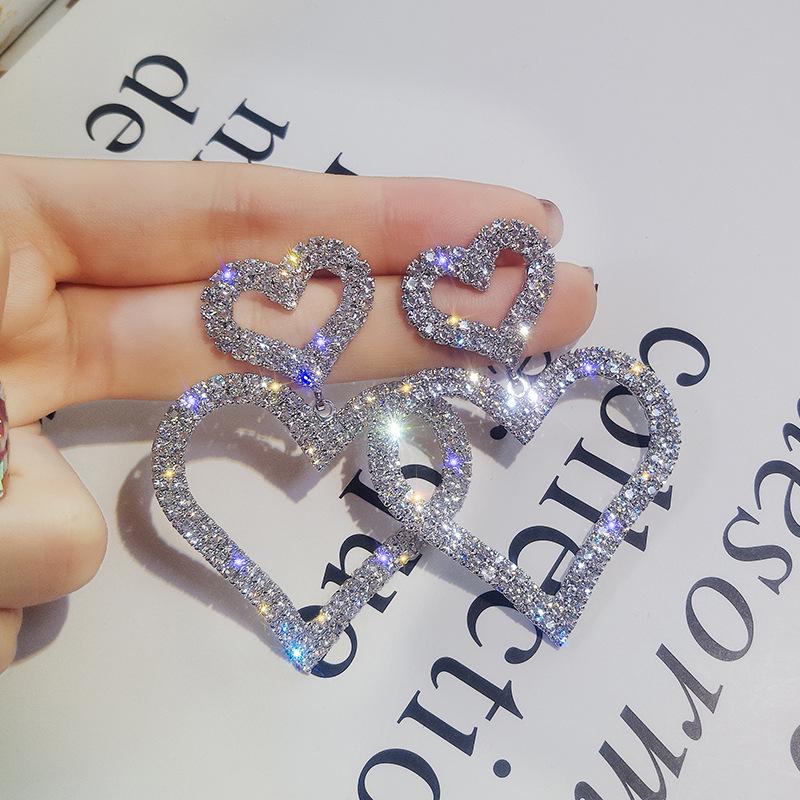 Luxury Rhinestone Earrings For Women Double Big Heart Pearl Crystal Simple Korean Statement Wedding Earring Zircon Party