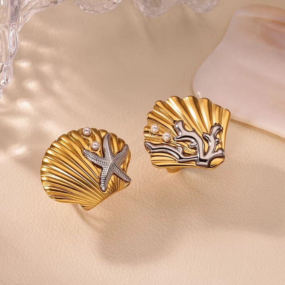 Starfish Shell Stainless Steel Ring for Women 18K Gold-plated Anti Fading Adjustable Rings Wedding Jewelry Christmas Accessories
