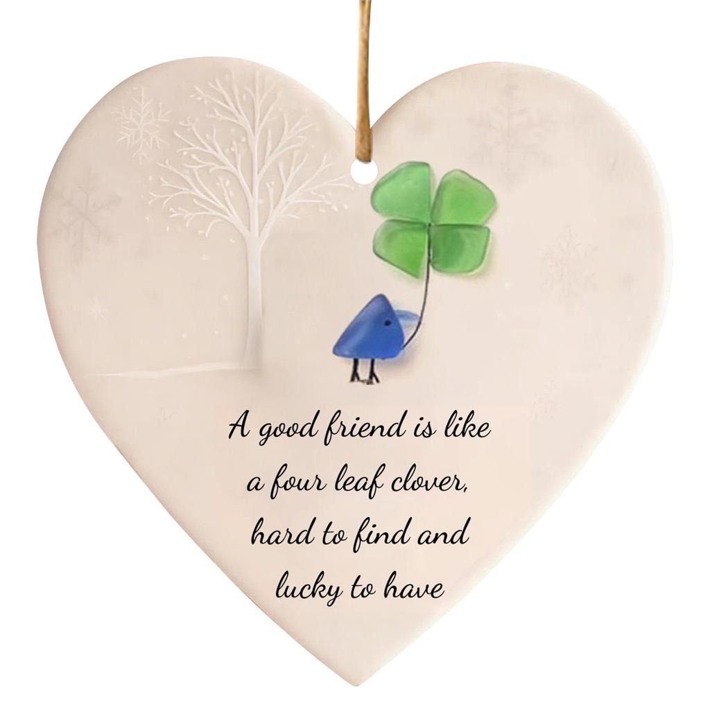 Friendship Christmas Ornaments W/ Inspirational Quotes Sea Glass Heart Christmas Tree Hanging Ornaments for Friends Home Decor