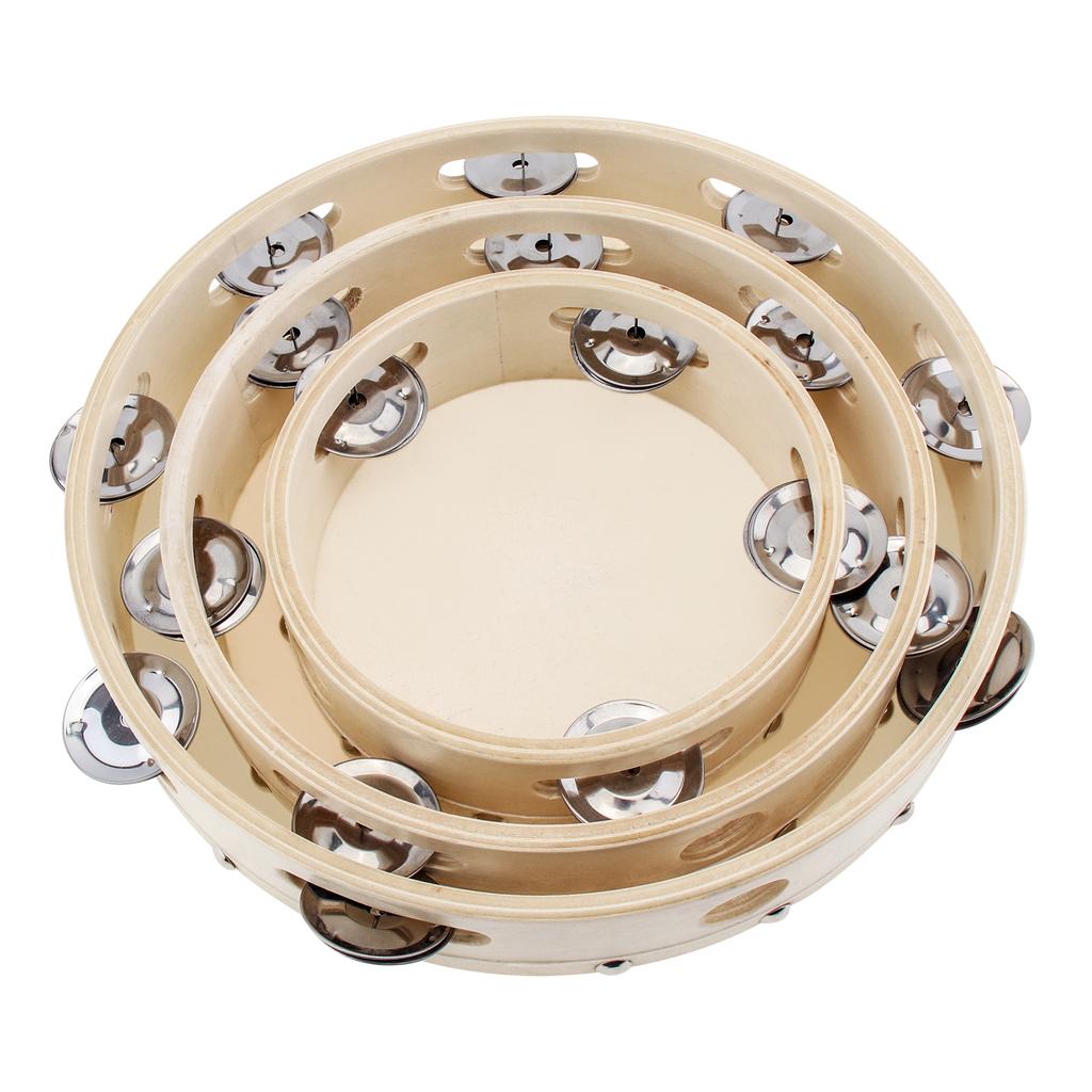 Wood 6 8 10 Inch Hand Held Tambourine Sheepskin Head Single Row Jingles Church Party KTV Musical Educational Rhythm Percussion Instrument Gifts