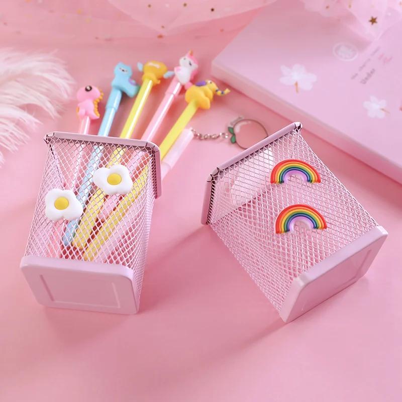 1Pc Pink Metal Pen Holder Office Organizer Cosmetic Square Cil Stand Holders Stationery Container School Supplies