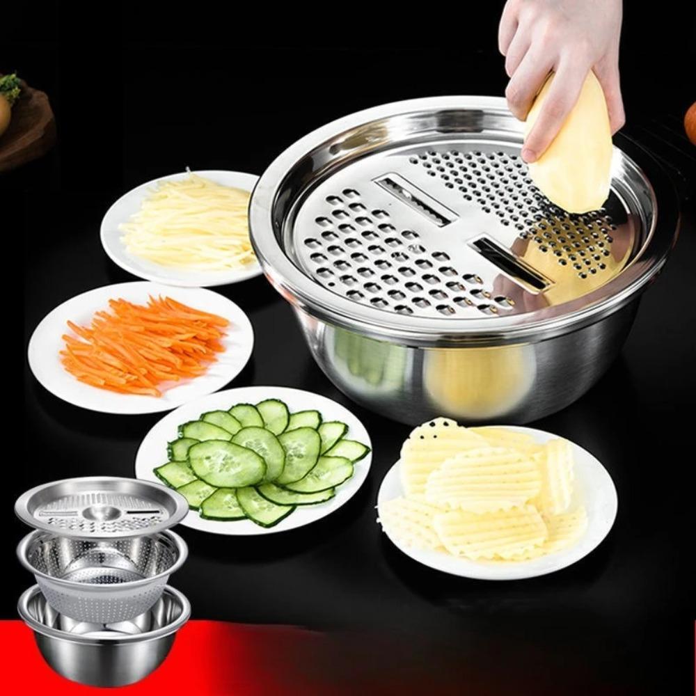 3 Piece Stainless Steel Vegetable Slicer Set Reusable Fruit Potato Vegetable Slicer Easy To Clean Vegetable Sink Drainer Basket