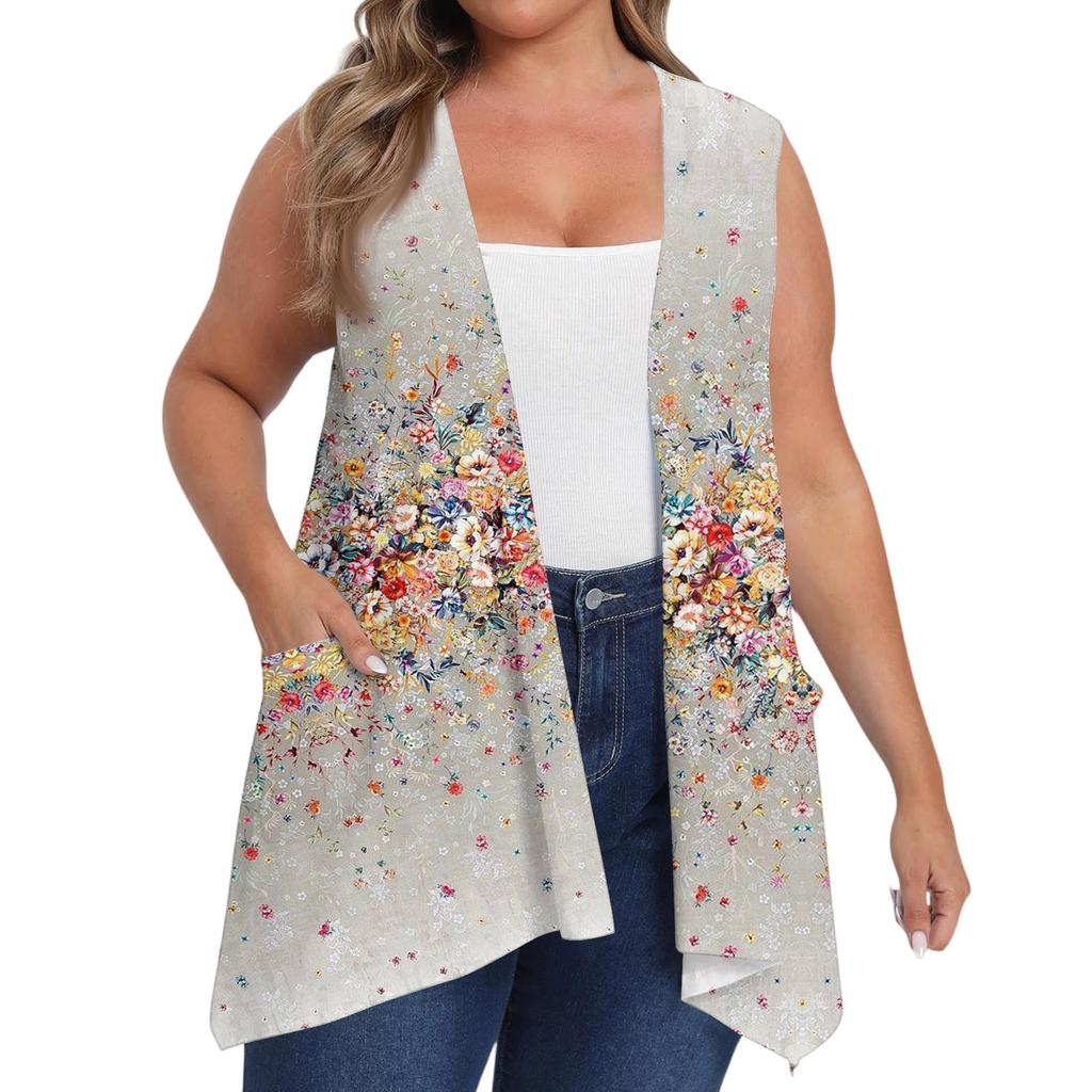 Women's Oversized Loose Casual Printed Sleeveless Vest With Pocket Cardigan Jacket Cardigan Jacket