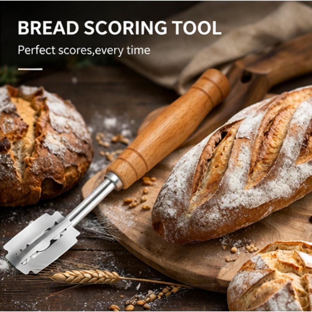 Stainless Steel Bread Scoring Knife Wooden Handle Curved Dough Cutter for Sourdough Baking Slashing Pastry Bread Lame Baker Tool