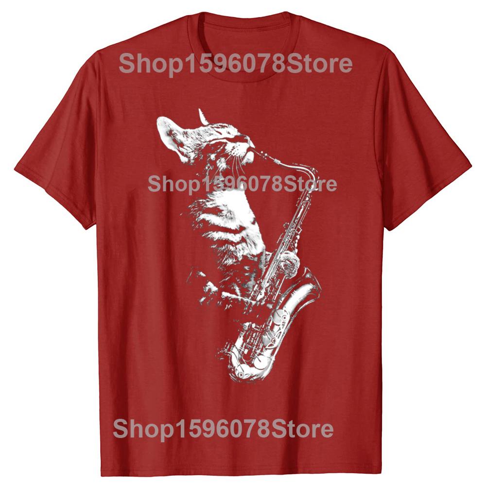 Funny Cat Playing Saxophone Cat Jazz Sax Music Saxophonist T Shirts Cotton Humor Tee Shirt Short Sleeve Unisex Loose Clothing