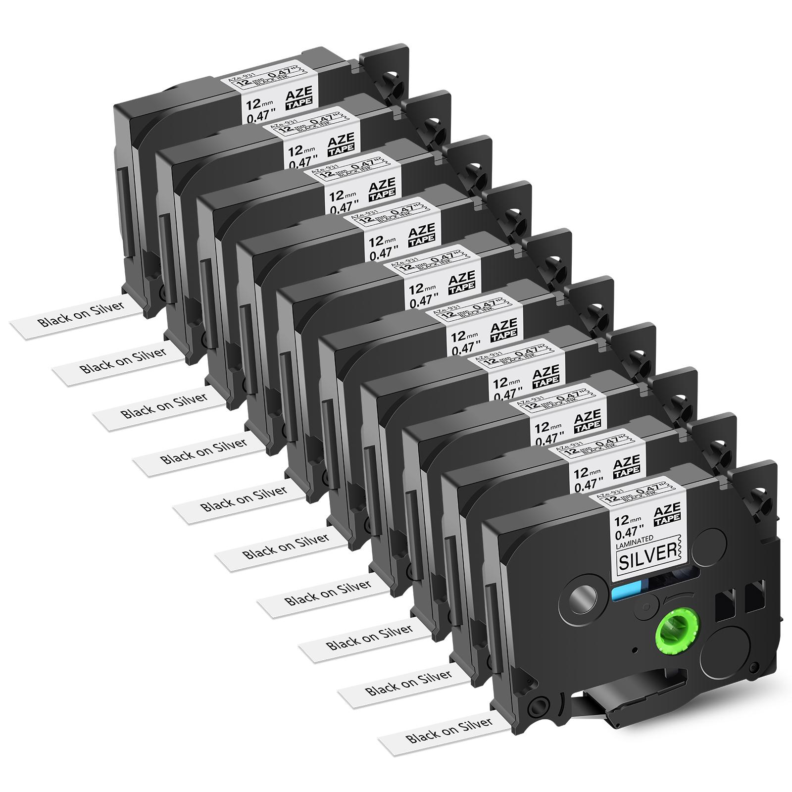 

10PK Black on Silver Label Tape Compatible for Brother Tz TZe 931 12/18/24mm Laminated Ribbon Label for P-Touch PT-1010 Printers (as the picture,12mm)