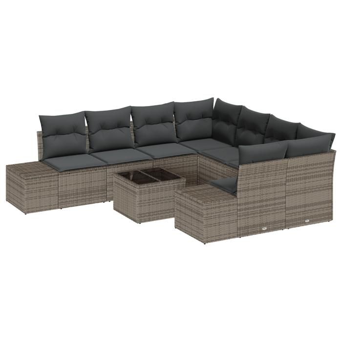 VidaXL Ensemble de 9 Canapés de Jardin avec Coussins Gris Poly Rattan 3346999