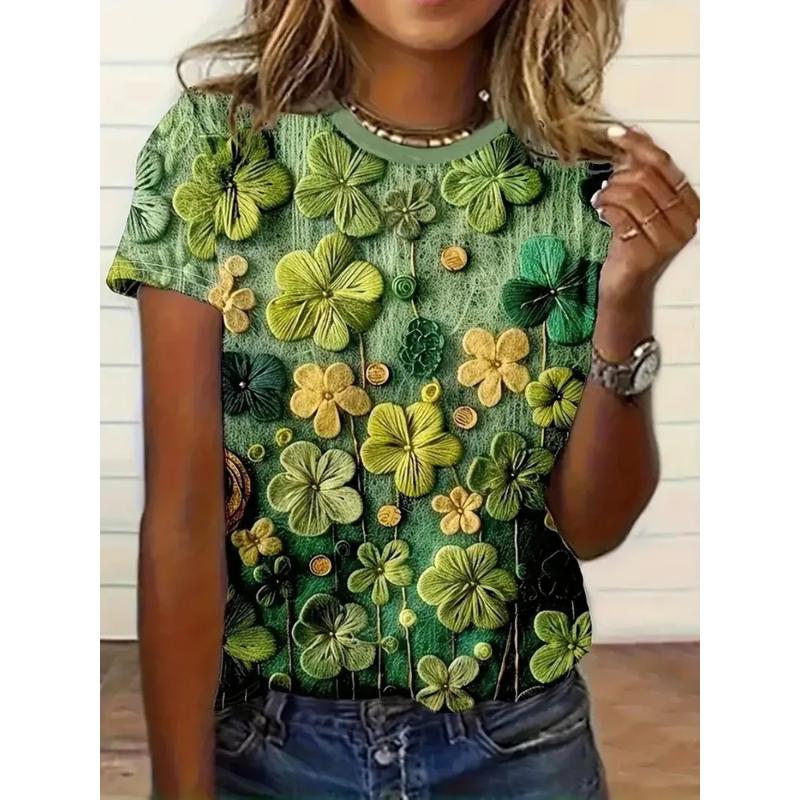 

Fashion Flower Print Top Loose Round Neck Short Sleeve Comfortable T-Shirts Women’s XS