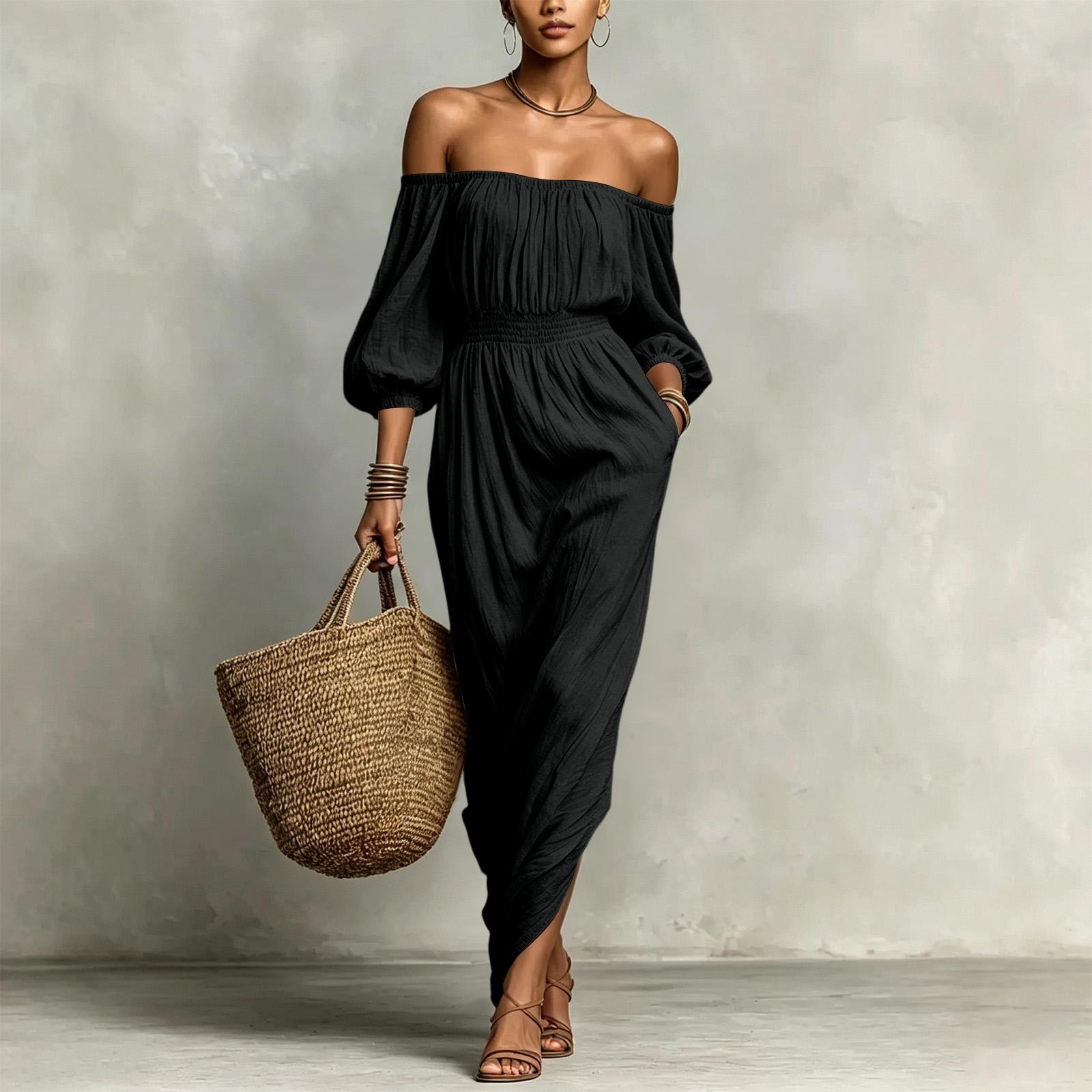 Women s Casual Off-Shoulder Color Dress for Vacation L