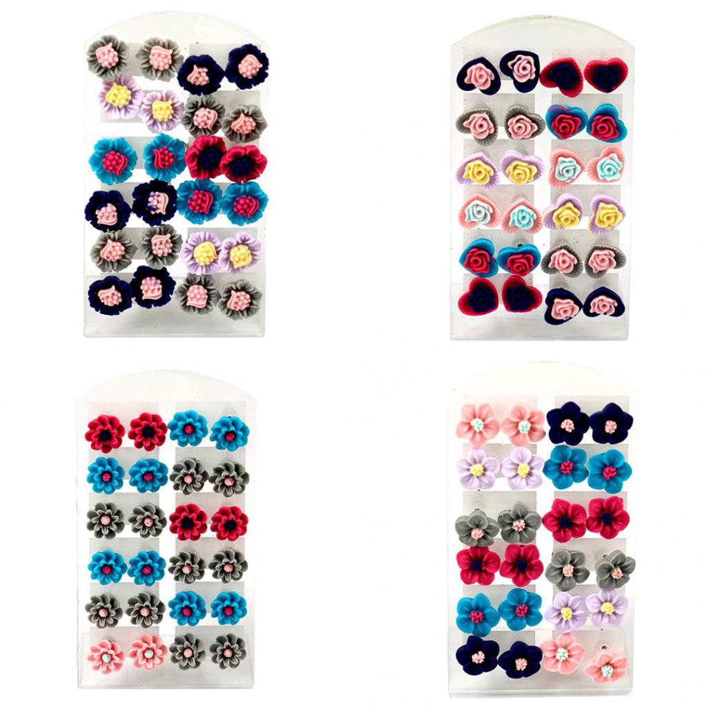12 Pairs Fashion Multicolor Resin Flower Ear Stud Earrings Set Women Jewelry