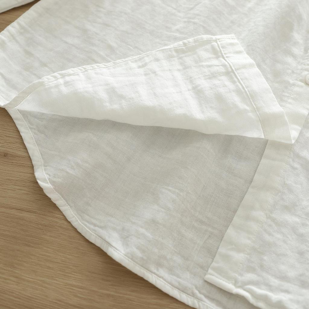 Pure Cotton Women's Lapel Pleated Blouse - Solid Color, Long Sleeve, Double Layer Yarn, Spring/Autumn.